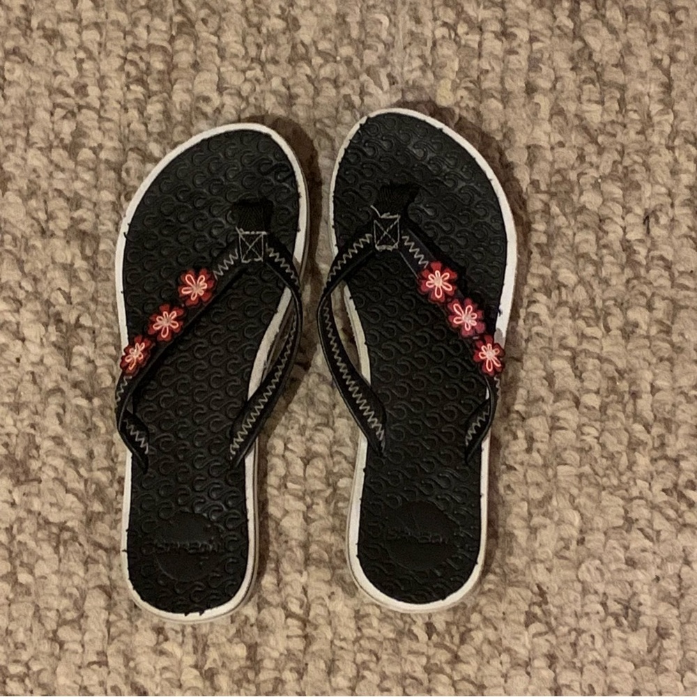 Black Flip Flops with Red Floral Accents